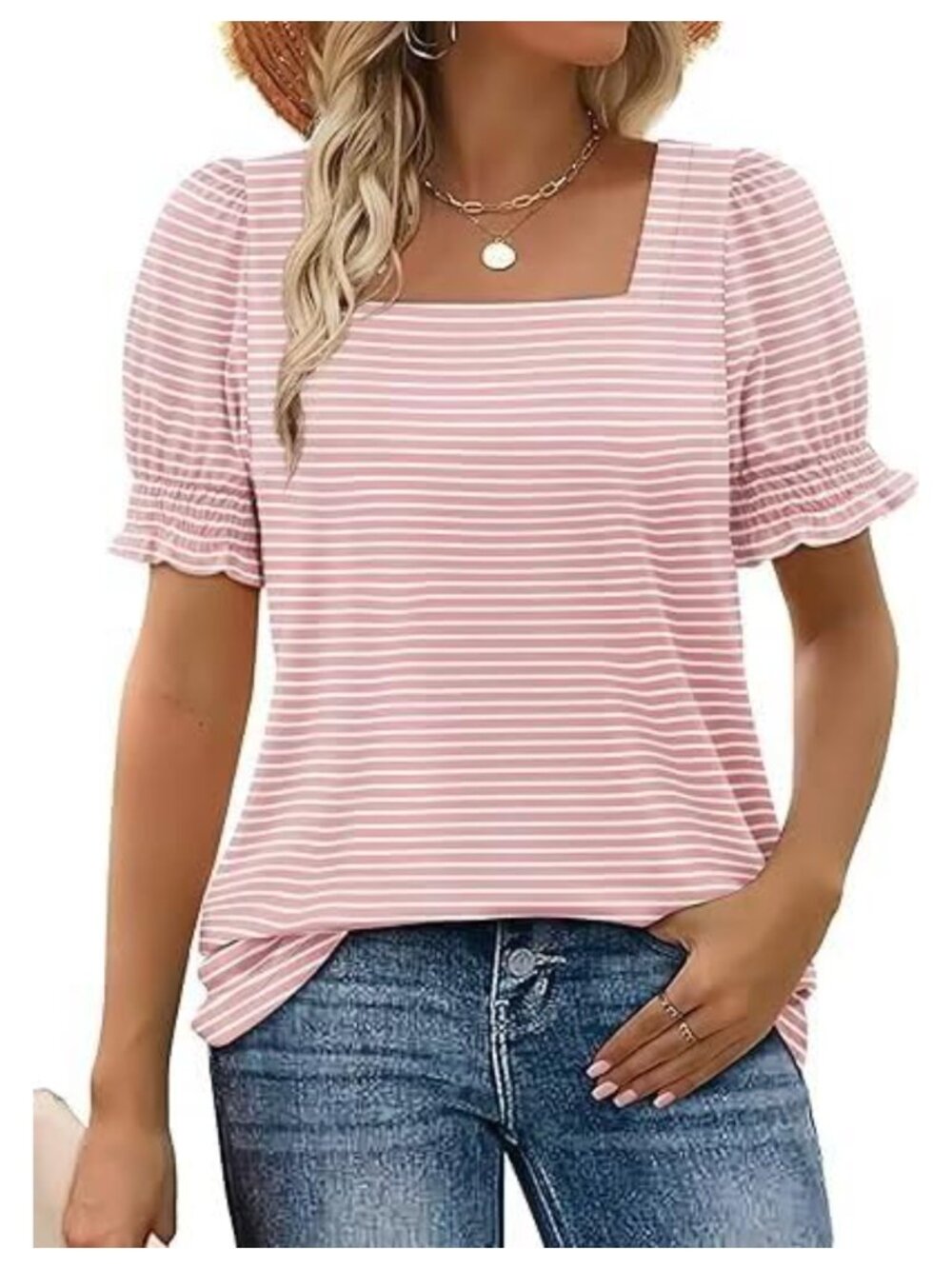 Womens Ruffle Short Sleeve Square Neck Tunic Top Loose Fit Summer Blouse